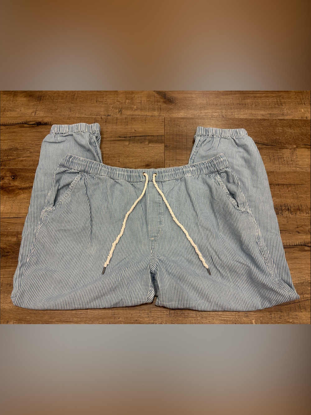 aerie Blue Pinstriped Drawstring Elastic Ankle Pants 100% Cotton